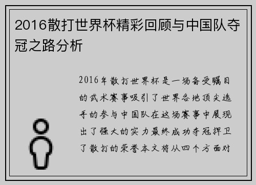 2016散打世界杯精彩回顾与中国队夺冠之路分析