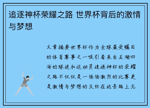 追逐神杯荣耀之路 世界杯背后的激情与梦想